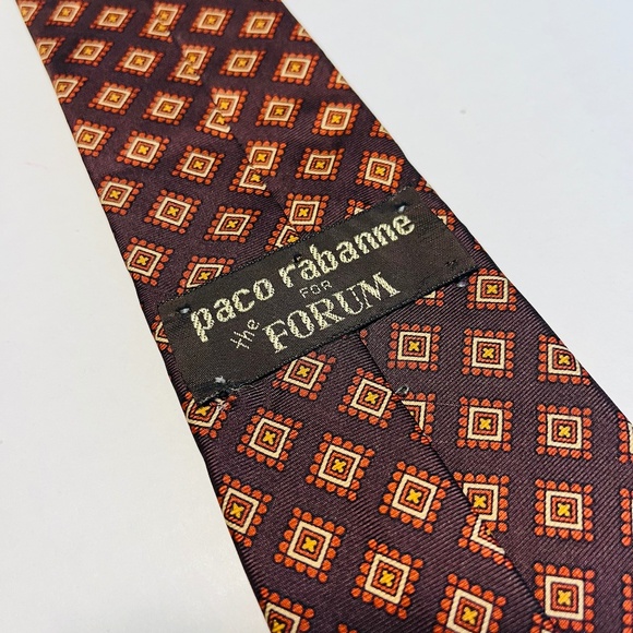 VTG Paco Rabanne Brown Diamond Geometric‎ Pattern Silk Neck Tie Made in Italy - Picture 3 of 5